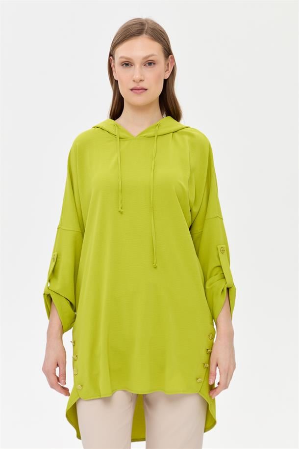 Kapüşonlu Düğme Detaylı Tunik-FISTIK YEŞİLİ