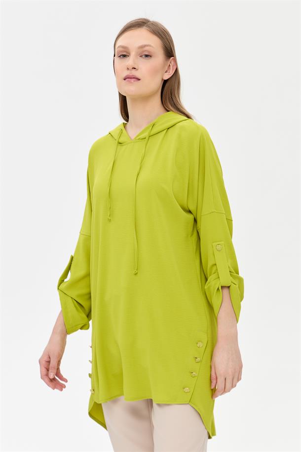 Kapüşonlu Düğme Detaylı Tunik-FISTIK YEŞİLİ