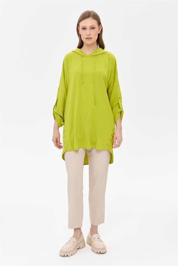 Kapüşonlu Düğme Detaylı Tunik-FISTIK YEŞİLİ