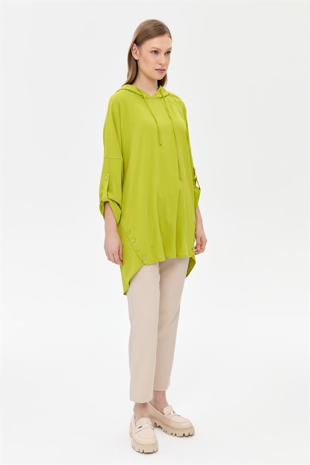 Kapüşonlu Düğme Detaylı Tunik-FISTIK YEŞİLİ