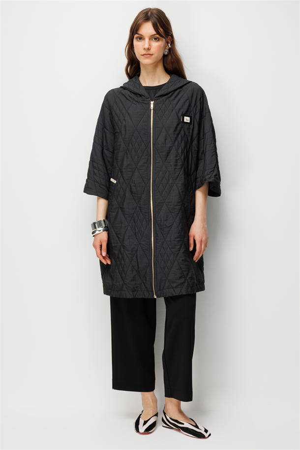 Kapüşonlu Kapitone Ceket-SİYAH