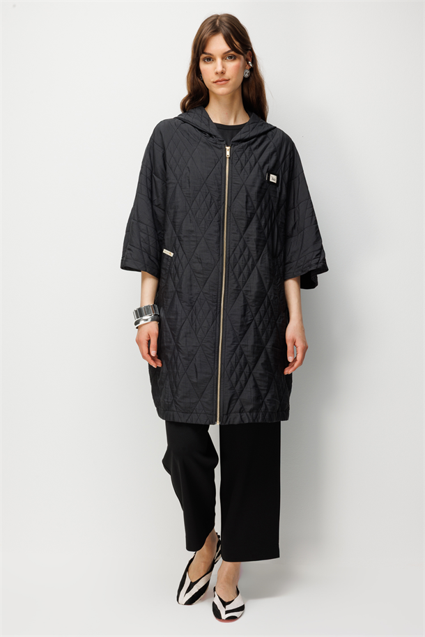 Kapüşonlu Kapitone Ceket-SİYAH