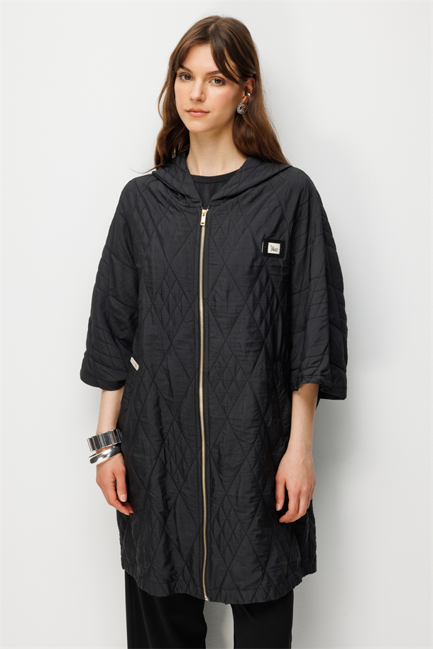 Kapüşonlu Kapitone Ceket-SİYAH