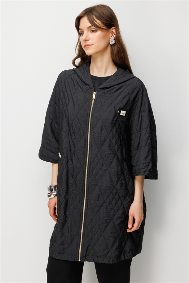 Kapüşonlu Kapitone Ceket-SİYAH