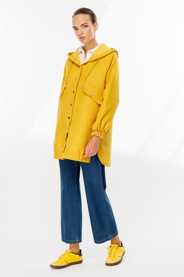 Kapüşonlu Kapitone Desen Spor Ceket-SAFRAN