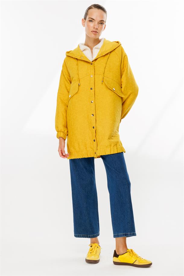 Kapüşonlu Kapitone Desen Spor Ceket-SAFRAN