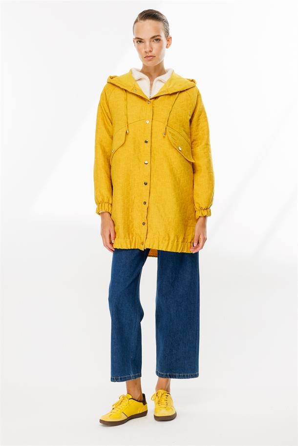 Kapüşonlu Kapitone Desen Spor Ceket-SAFRAN