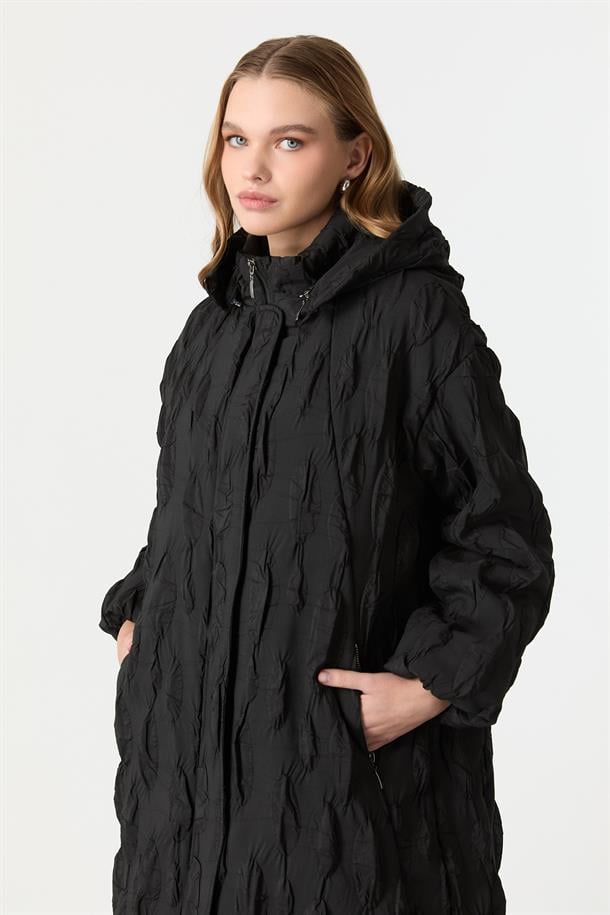 Kapüşonlu Kapitone Kaban-SİYAH