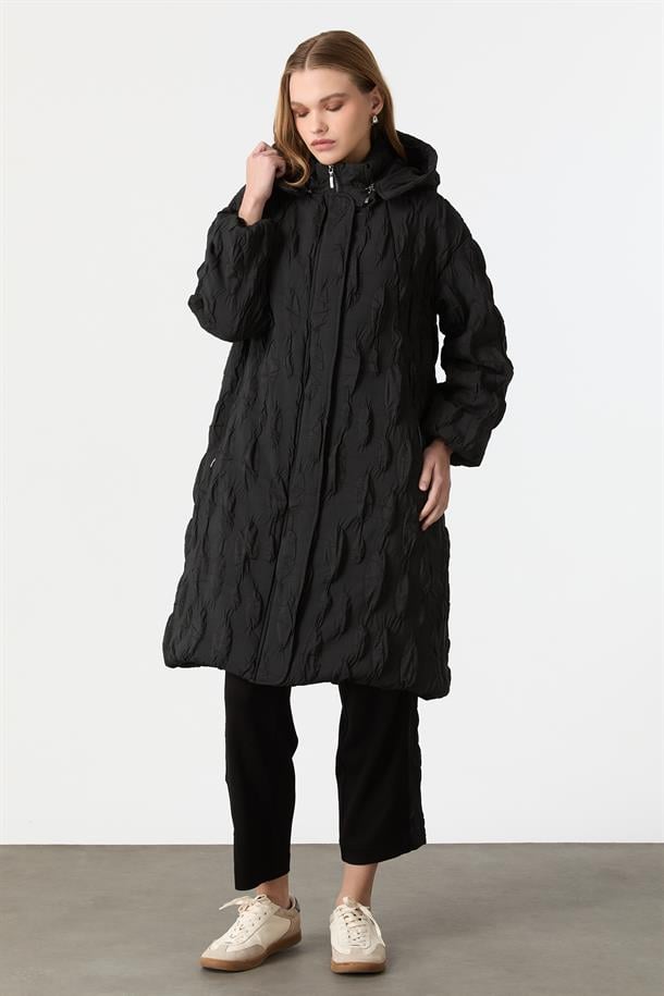 Kapüşonlu Kapitone Kaban-SİYAH