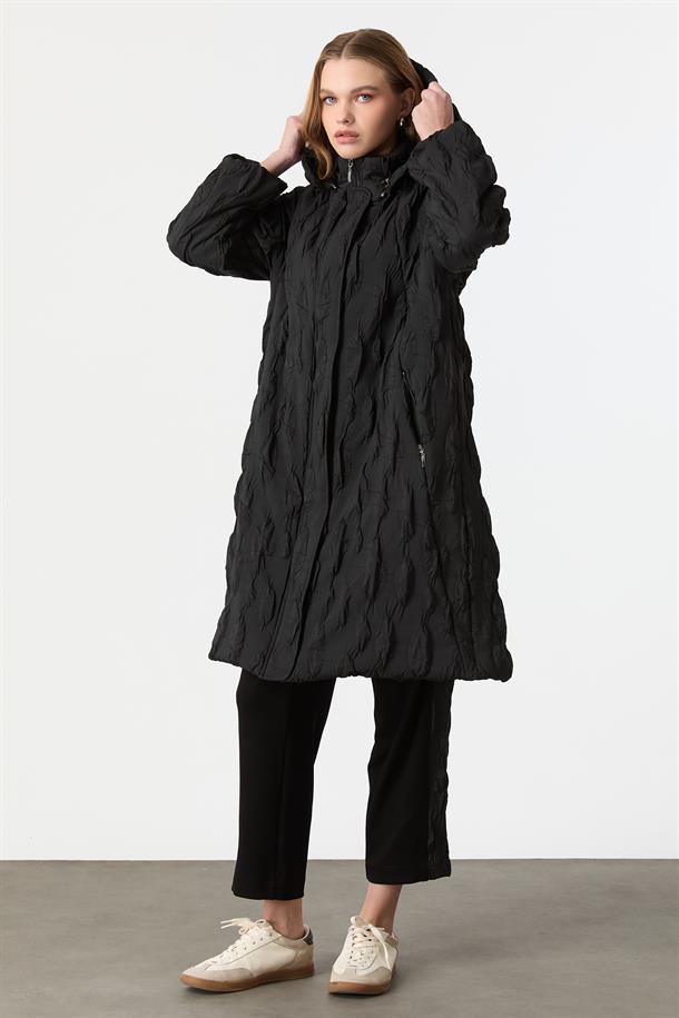 Kapüşonlu Kapitone Kaban-SİYAH