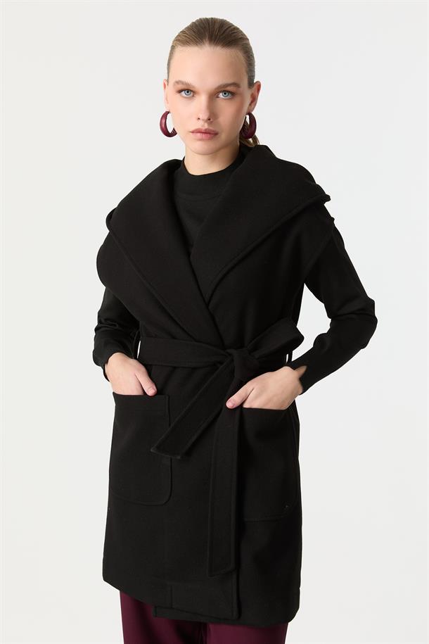 Kapüşonlu Kaşe Yelek-SİYAH