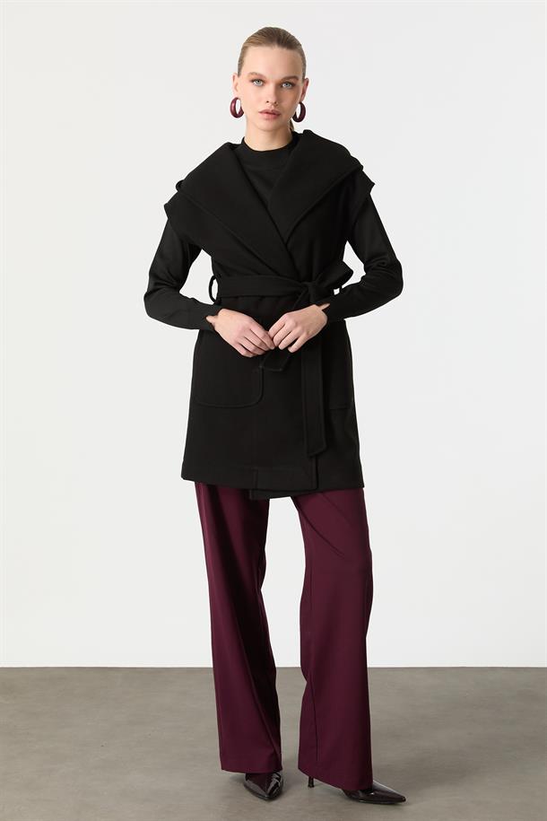 Kapüşonlu Kaşe Yelek-SİYAH