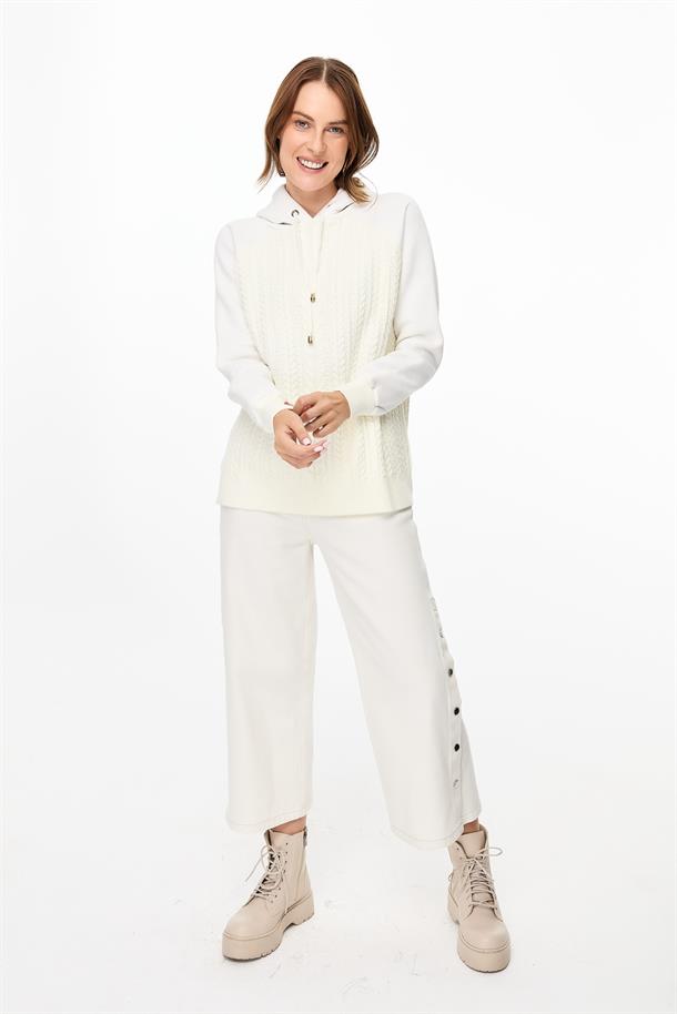 Kapüşonlu Örme Desenli Triko Bluz-EKRU