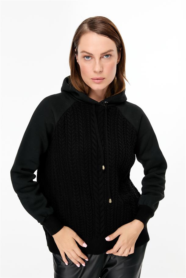 Kapüşonlu Örme Desenli Triko Bluz-SİYAH