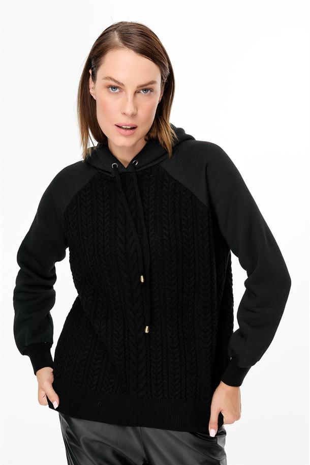 Kapüşonlu Örme Desenli Triko Bluz-SİYAH