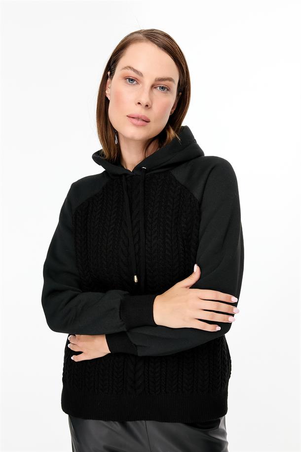 Kapüşonlu Örme Desenli Triko Bluz-SİYAH