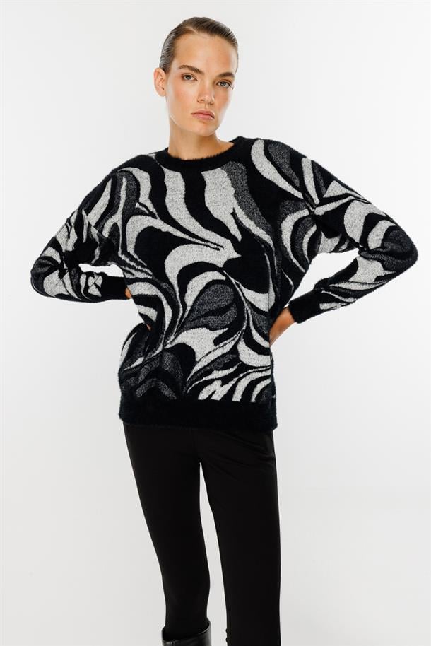 Karışık Desenli Triko Kazak-SİYAH