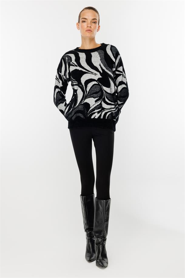 Karışık Desenli Triko Kazak-SİYAH