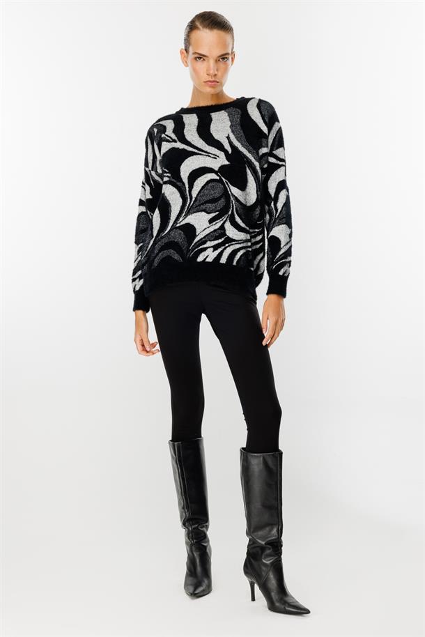 Karışık Desenli Triko Kazak-SİYAH