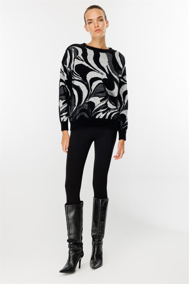 Karışık Desenli Triko Kazak-SİYAH