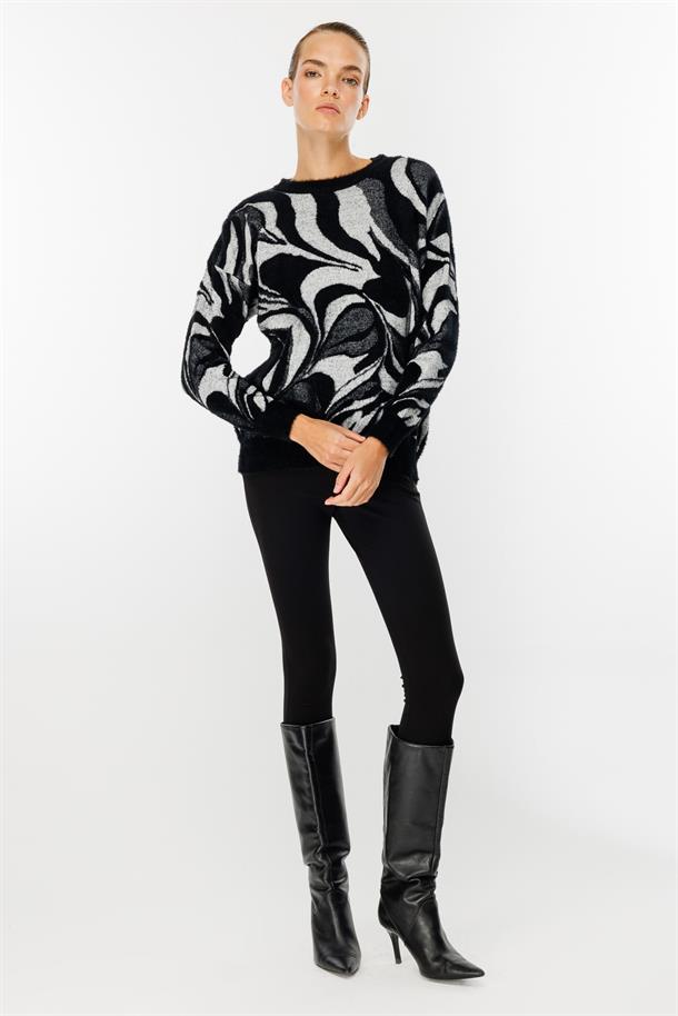 Karışık Desenli Triko Kazak-SİYAH