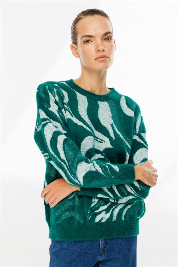 Karışık Desenli Triko Kazak-ZÜMRÜT