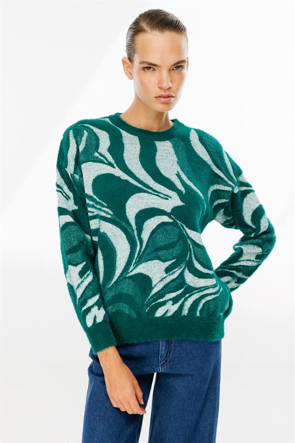 Karışık Desenli Triko Kazak-ZÜMRÜT