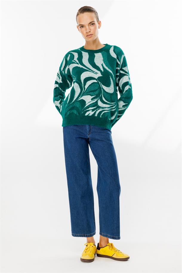 Karışık Desenli Triko Kazak-ZÜMRÜT