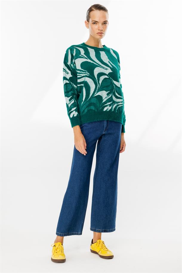 Karışık Desenli Triko Kazak-ZÜMRÜT