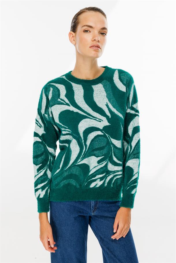 Karışık Desenli Triko Kazak-ZÜMRÜT