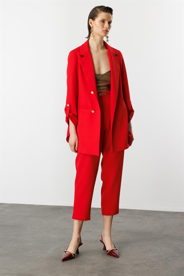 Katlanabilir Kol Detaylı Uzun Ceket-KIRMIZI