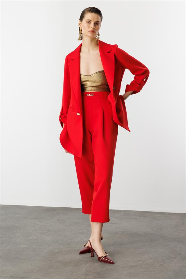 Katlanabilir Kol Detaylı Uzun Ceket-KIRMIZI