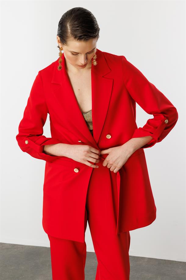 Katlanabilir Kol Detaylı Uzun Ceket-KIRMIZI