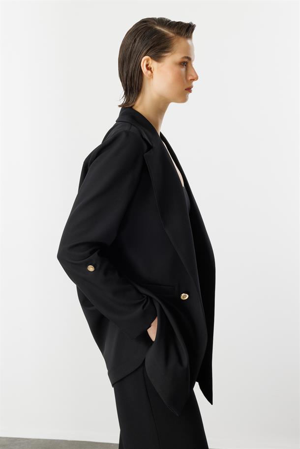 Katlanabilir Kol Detaylı Uzun Ceket-SİYAH