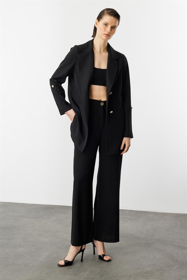 Katlanabilir Kol Detaylı Uzun Ceket-SİYAH