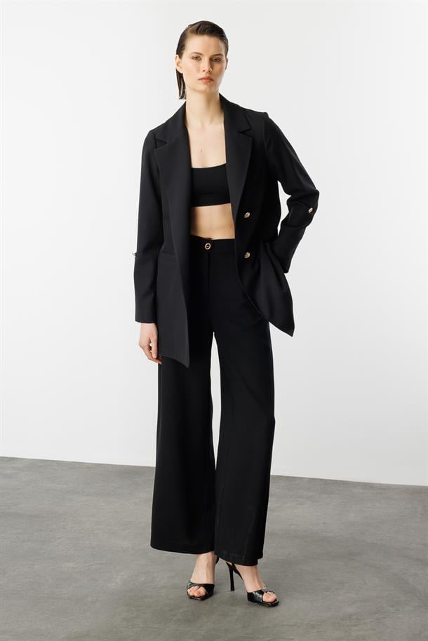 Katlanabilir Kol Detaylı Uzun Ceket-SİYAH