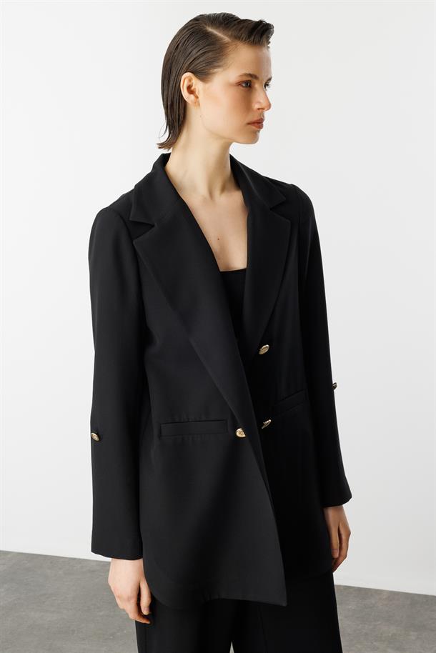 Katlanabilir Kol Detaylı Uzun Ceket-SİYAH