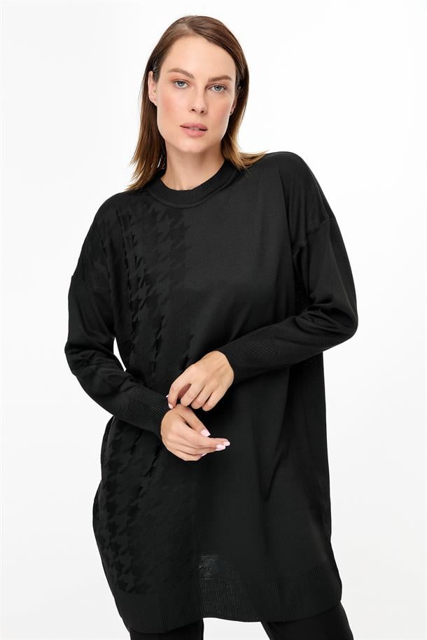 Kazayağı Desenli Triko Tunik-SİYAH