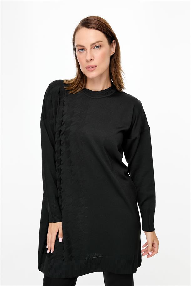 Kazayağı Desenli Triko Tunik-SİYAH