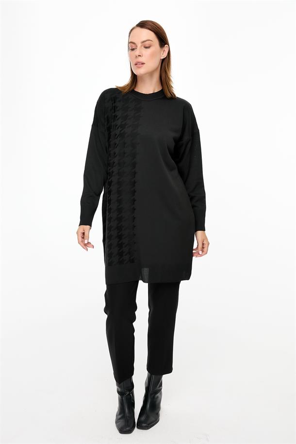 Kazayağı Desenli Triko Tunik-SİYAH