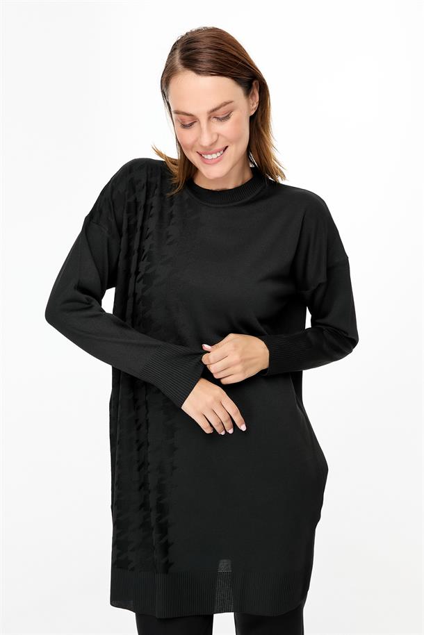 Kazayağı Desenli Triko Tunik-SİYAH