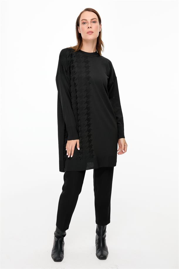 Kazayağı Desenli Triko Tunik-SİYAH
