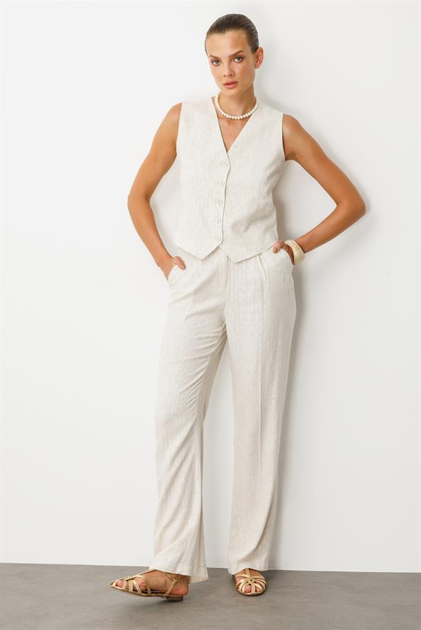 Kemer Detay Keten Görünümlü İkili Takım-KREM