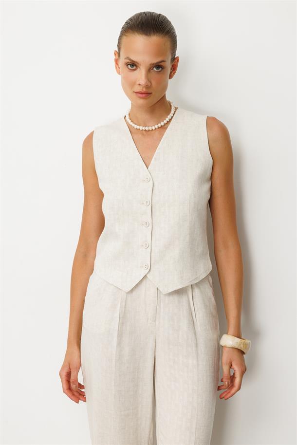 Kemer Detay Keten Görünümlü İkili Takım-KREM