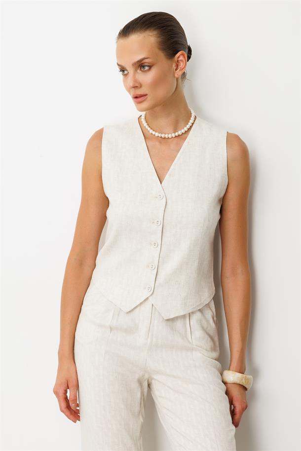 Kemer Detay Keten Görünümlü İkili Takım-KREM