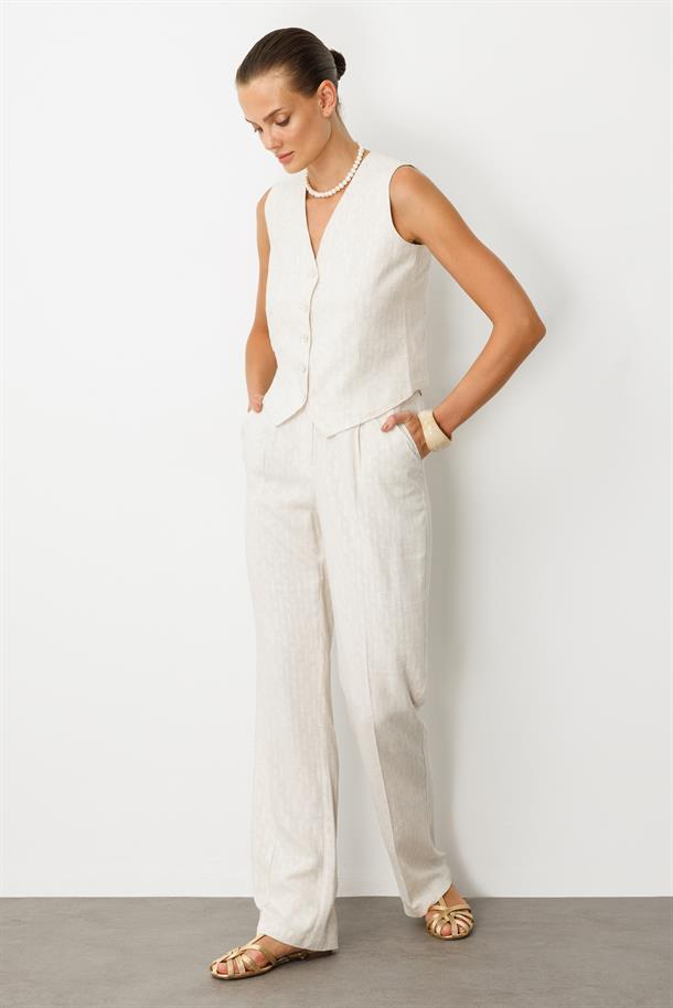 Kemer Detay Keten Görünümlü İkili Takım-KREM