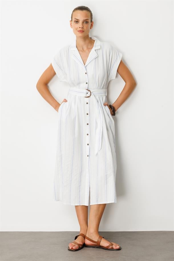 Kemer Detay Pamuklu Uzun Elbise-EKRU