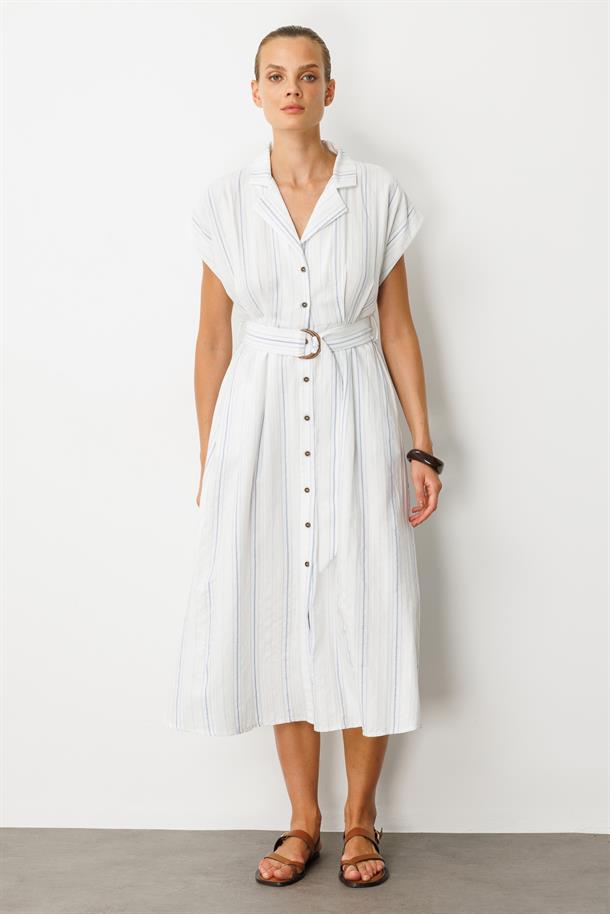 Kemer Detay Pamuklu Uzun Elbise-EKRU