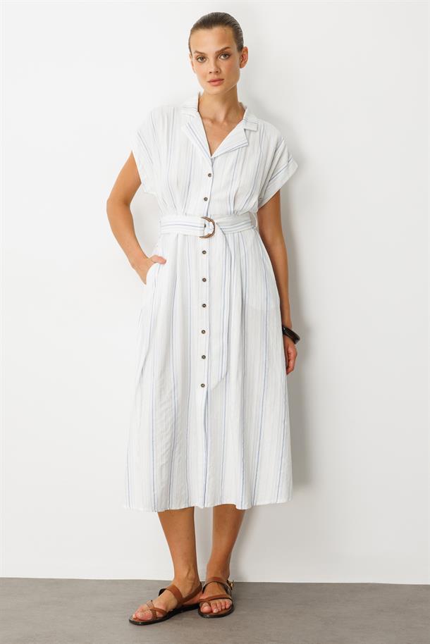 Kemer Detay Pamuklu Uzun Elbise-EKRU