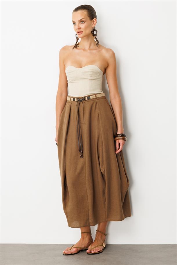 Kemer Detaylı Keten Görünümlü Etek-KAHVE